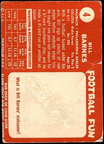 1958 Topps # 4 Бил Барнс Филаделфия Игълс (Футболна карта) PHAIR Игълс alan wake Forest