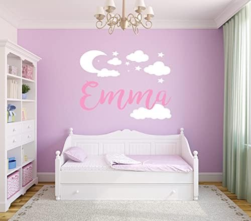 Сладък етикети с потребителското име с Лунни Облаците и Звездите - Стенно изкуство с името на детето в детската градина - Стикер на стената за украса на детска стая (