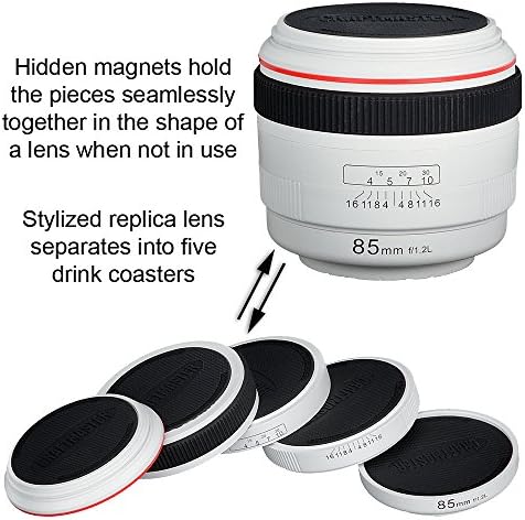 CraftMaster LenzCoaster – Точно копие на обектива на камерата премиум качество, която представлява съвкупност от 5 на каботажните за напитки с силиконовата подложка; Черно с черна вътрешната част