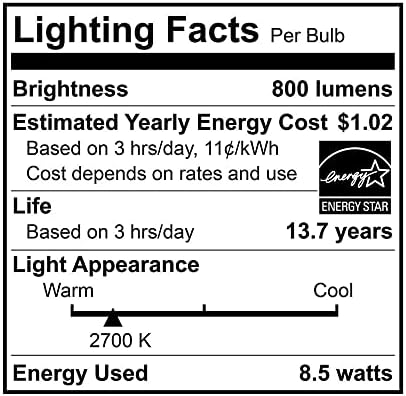 Euri Lighting VA19-3020cec, Диммируемый led A19, 8,5 W (равно на 60 W), и топло бяла светлина (2700 K), 800лм, 90 + CRI, лъч под ъгъл 320 °, E26 Номинация за влажна среда, UL, E-Star, CEC, JA8, отговаря на изискв?