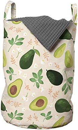 Чанта за пране авокадо Ambesonne, Концепцията за Цели плодове и Филии с цветя и листа, Кошница за дрехи с дръжки, закрывающаяся на шнур, за пране, 13 x 19, цвят на шампанско и Боядисана