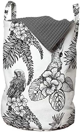 Чанта за дрехи Ambesonne с Птичи принтом, Едноцветен Модел на Тропически растения и Екзотични Птици, Кошница за дрехи с дръжки, Закрывающаяся на шнур, за пране, 13 x 19, Сив графит Бял