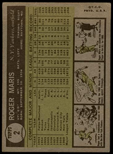 1961 Topps # 2 Роджър Maris Ню Йорк Янкис (Бейзболна карта) Карта Дина 2 - ДОБРИ Янкис