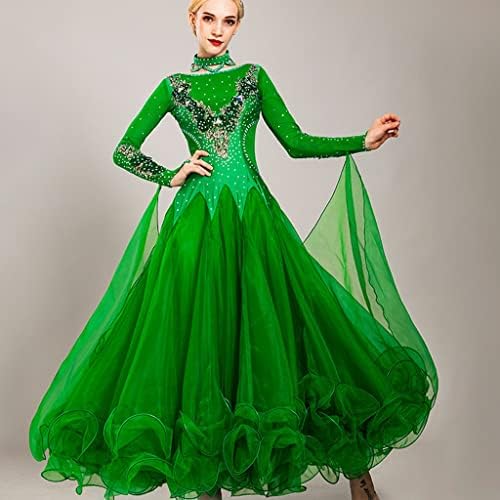Костюм за танцово представяне на PDGJG, Вышитое рокля с голямо подолом, Бална Валс, Джаз Танци, Състезателни етап костюми (Цвят: зелен, размер: S code)