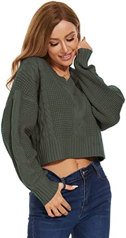 Jumppmile Женски Съкратен Топ от Вафельного Плетиво с V образно деколте, Пуловер с дълъг ръкав, Съкратен Пуловер