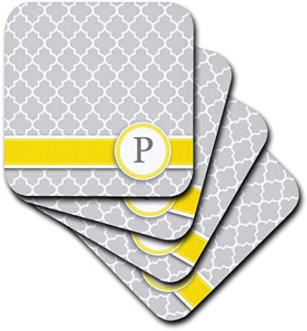 3 Нарисувайте първата буква на личното име P - сив модел под формата на четырехлистника с монограм - персонализирана жълто-сиво - Меки подложки, комплект от 8