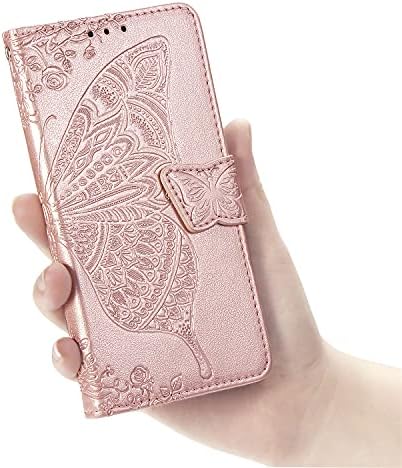 Чанта-портфейл Galaxy A10E, [С отпечатан във формата на пеперуда и цвете], Защитен калъф-портфейл от изкуствена кожа Премиум-клас с отделения за карти и стойка за Samsung Galaxy A10E 2019 г. съобщение (Rosegold)