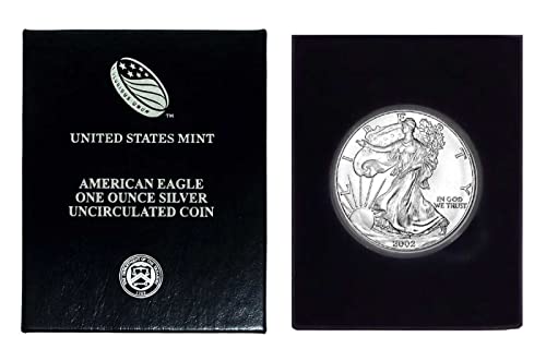 2002 г. - Американски Сребърен Орел в Пластмасов калъф Air Tite и кутия за Подарък с нашия сертификат за автентичност Долар Монетния двор на САЩ, Без да се прибягва