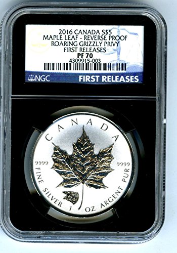 Канадската монета Сребърен Канадски Кленов лист с Обратен доказателство за РЕВ ГРИЗЛИ Тайна за ПЪРВИ път ПУСКА $5 PF70 NGC