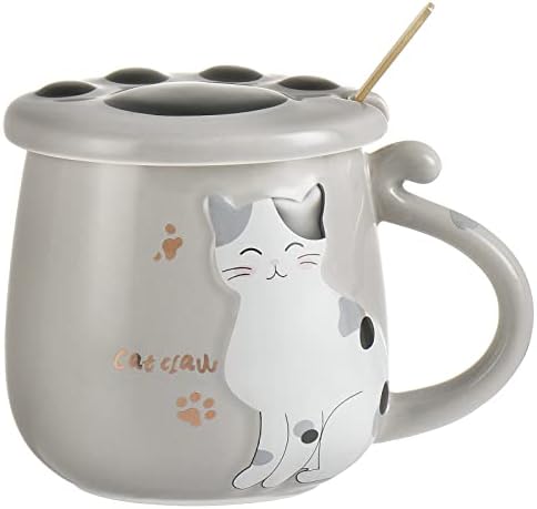 NA Cat Mug Скъпа Керамична Чашата за Кафе с красива капачка под формата на котешки нокът, Лъжица от неръждаема стомана, Специален набор от чаени чаши 400 мл (сив)