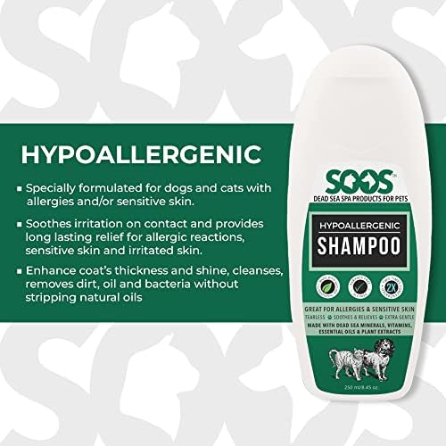 Soos Пет allergy-free Shampoo Шампоан за кучета и котки с естествени минерали от Мъртво море, бързо Впитывающийся, Облекчава Дразнене на кожата, съдържа Витамини и Етерични ма?