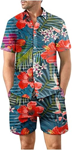 RbCulf Мъжки Хавайска Риза с Цветен Модел и Кратък Брючный Костюм С Къс Ръкав и Копчета, Блуза С Ревери, Блузи, къси Панталони, Комплект от 2 теми, Плажно Облекло
