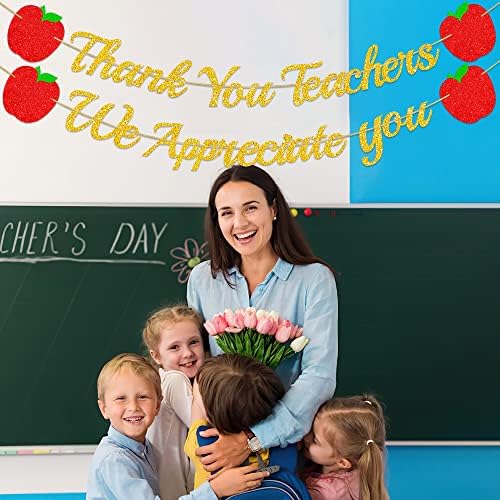 Златна Блестящ Банер Благодаря ви, учители, ние ценим вас - НЯМА diy, Банер Седмици Благодарност на учителите за училищен клас - Аксесоари за Украса на парти в чест на Деня на учителя
