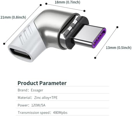 Магнитен адаптер HIEbee USB C, Правоъгълен Магнитен конектор USB C-USB Type C с бързо зареждане PD мощност 120 W и пренос на данни със скорост от 480 Mbps, съвместим с MacBook Pro / Air и други смартфони, лаптопи Type