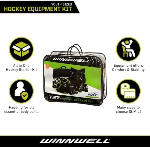 Комплект защитно облекло Winnwell за хокей - Хоккейное костюм, с чанта - Младежки комплект хокей екипировка - Наплечники, лактите подложки, на лигавицата на долната част на крака, Ръкавици, Панталони и чанта