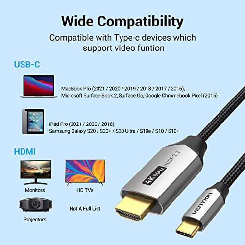 Кабел VENTION USB C-HDMI 6 фута 4K @ 60 Hz, кабел USB Type C-HDMI, Сплетен кабел Thunderbolt 3 HDCP 2.2 Съвместим с iPad, MacBook Pro/Air iMac Galaxy S20 S10 Surface Book 2 TV и други