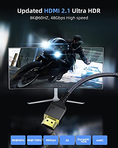 Кабели Maxonar 8K HDMI, 10 метра, 2 комплекта, (сертифицирани) Високоскоростен тънък кабел HDMI 2.1 с оплеткой 48 gbps, 10K 8K60Hz 4K120Hz, HDCP 2.2 и 2.3 Dynamic HDR SBTM eARC RTX3090 Dolby, съвместим с Roku TV / PS5 / Bl