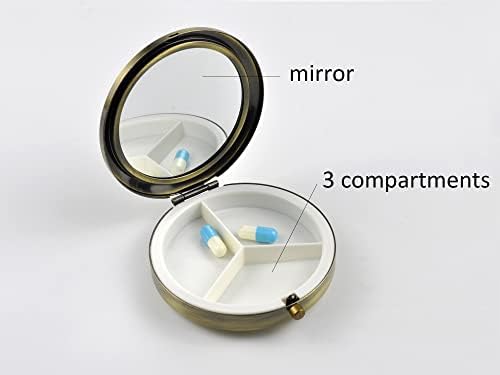 Ретро Компактен Калъф за Таблетки с Огледало за Чанта Органайзер за Лекарства за Пътуване (черен)