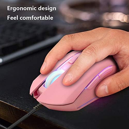 ZHIGANG Розова мишка с бутони за изключване на звука, 7 вида цветно осветление, Оптично детска мишка, в съответствие с резолюция от 2400 dpi и 6 бутони ергономичния си дизайн, подходяща за настолни КОМПЮТРИ, лаптопи,