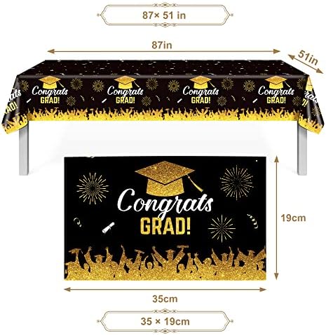 2 Опаковки 50x87 Инча, Выпускная Покривка 2022, Украса, Пластмасови за Еднократна употреба Покривки за Правоъгълни маси, Черно злато Поздравителни Пелерини за абитуриентски маси, Аксесоари за Абитуриентски партита (черно
