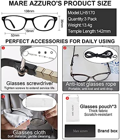 MARE AZZURO 3 Опаковки Очила За четене - Стилни Дамски слънчеви Очила за четене и Модерен Бифокални Очила За Четене 1.0 1.5 2.0 2.5 3.0 3.5