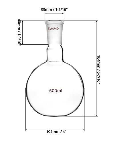 Колба за Варене на QWORK Glass 500 мл с Плоско Дъно и Една Врата, Стандартно присъединяване 24/40, Получаващи апарат за Дестилация с Дебели Стени, 2 опаковки, Лабораторни Съдо