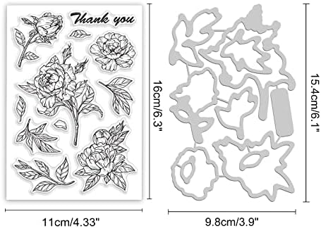 BENECREAT 2 бр. Цвете Божур и Листа от Прозрачни Печати с Трафаретами от Въглеродна Стомана за Scrapbooking Направи си сам, Декоративно Фотоалбум, Изработка на Картички