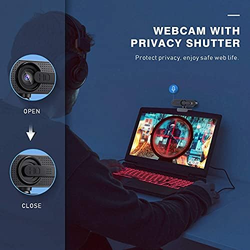 Уеб камера HD 1080P със Статив за компютър PC Лаптоп с Автофокус, затвор, за да се гарантира неприкосновеността на личния живот и Външна уеб-камера с два микрофона за Skype