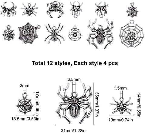 SUNNYCLUE 1 Кутия 48 бр 12 Стилове на Тибетски Стил Висулки във формата на Паяк Ретро Сплав Хелоуин Висулки във формата на Паяжина, за да проверите за Възрастни направи си САМ Гривна, Обеци, Колие Изработка на бижута,