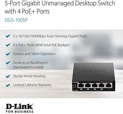 Комутатор D-Link PoE, 5-port Gigabit Ethernet Unmanaged Тенис на switch с 4 порта PoE фискалната мощност от 60 W (DGS-1005P), черен