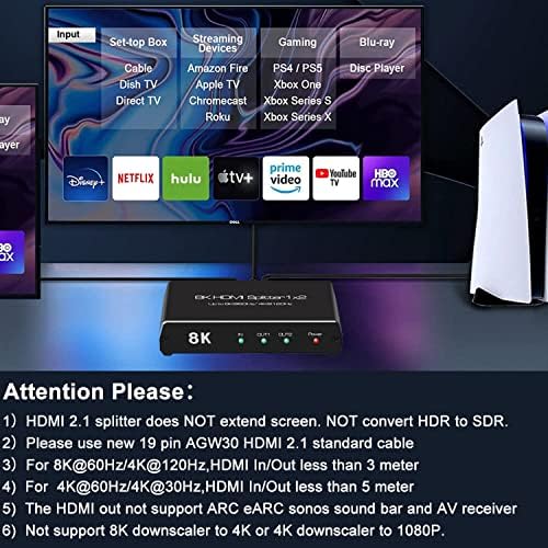 8K 60Hz HDMI Сплитер 1x2, 4K 120Hz HDMI 2,1 Сплитер Конвертор 1 2 Изход HDCP 2,3 UHD HLG HDR 7680x4320P за 8KTV PS5 Xbox Игри