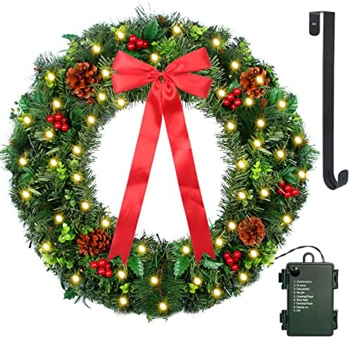 Коледен венец с 24 с led гирлянди - Предсвеченный Коледен врата венец - С закачалка за венци, червени плодове, гирлянди, работещи на батерии - Добра коледна декорация за
