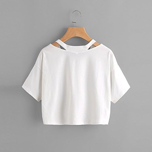 TOPUNDER Лятна Дамски Ежедневни Риза с принтом на Планетата, Блуза на бретелях с къс ръкав, Съкратен Блузи (01, Бяла, Малка)