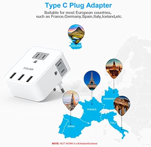 Европейският адаптер за пътуване, Международният адаптер за пътуване CELISY с 3 Американски контакти и 3 USB порта, вещи от първа необходимост за пътуване Type C за повечет