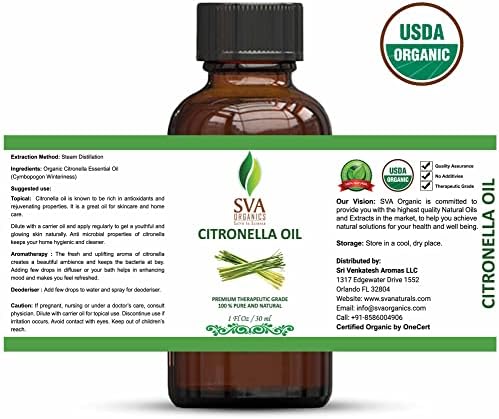 SVA Organics Етерично Масло от Цитронела Биологичното USDA 1 Унция Чисто Естествен Терапевтични масла за кожата, Тялото, Дифузьор, Производство на Свещи