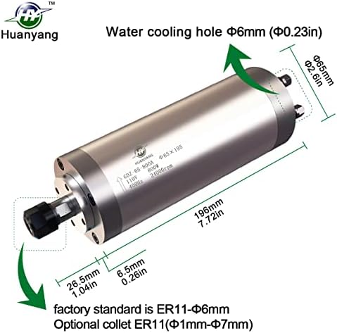 Комплект шпиндела HY HUANYANG VFD-110V-800W: VFD за 1-етап входа, 3-етап на излизане, 110-1,5 kw (2 с. л.) + 400 Hz 24000 об/мин вертикална Ос ER11 800w с водно охлаждане