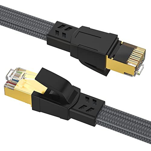 Ethernet кабел Cat 8 6 фута, пач-кабел за локална мрежа Cat 8 повишена мощност 26AWG, Плосък Високоскоростен мрежов кабел, интернет-кабел 40 gbps 2000 Mhz с позлатените rj-45 конектор за