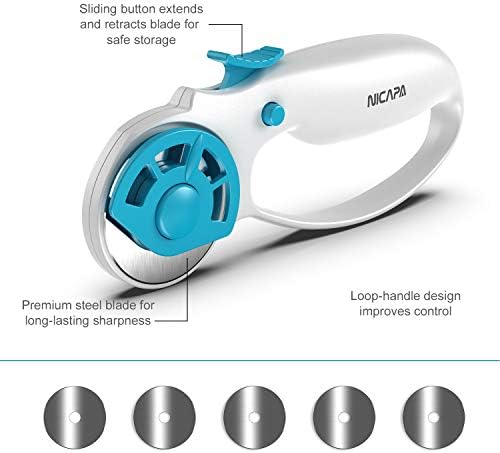 NICAPA 45-мм Ротационен нож за тъкани с предохранителем Ергономичен Класически Ротационен нож Comfort Loop за обработка, Шиене, Капитониране (допълнителни 5 сменяеми остриета 45 мм в комплект)