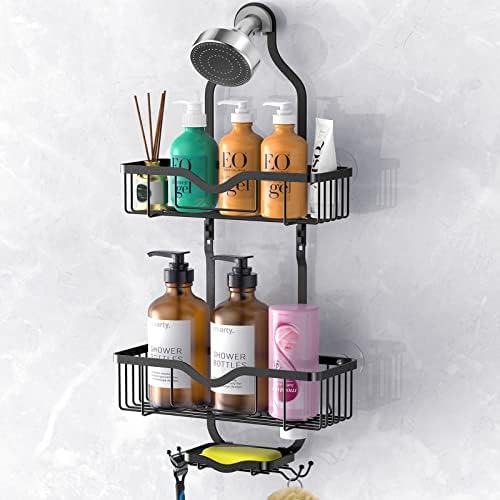 Kerisgo Подвесная Поставка за душ, Органайзер за душ със сапун кутия над главата си, Кошница за съхранение на шампоан, Балсам, Бръсначи, сапун, Гъба за душ (Черен)