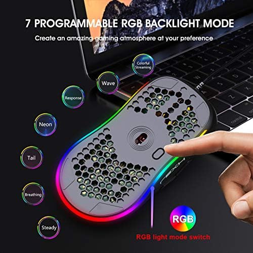 Безжични Леки Геймърска мишка HXSJ, Трехрежимная мишката 2.4 G и Bluetooth, Сверхлегкая мишка с метална обвивка, RGB осветление, 6 бутона, Регулируема резолюция от 3600 dpi, USB-приемник, Ергономична мишка за PC-геймърите