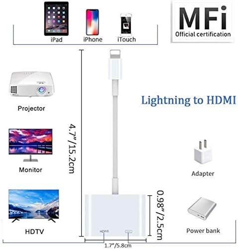 Цифров AV адаптер Apple Lightning към HDMI, [сертифициран от Apple Пфи] Цифров AV Аудио конвертор, с цел синхронизиране на екрана HDMI 1080P зарядно пристанище за iPhone, iPad, iPod на HDTV / проектор /монитор, поддържа
