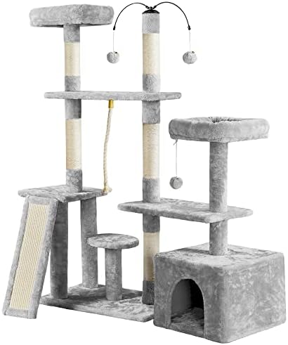 На много нива Плюшено център за Игра Cat Tree Activity Tower с Когтеточками от Сизал, Светло Сиво Котешки Стълб на Дърво с Игрушечным Топката Голяма Двойна Мебели Кондоминиумная Котешка Дървена кула за Котки от Дърво,