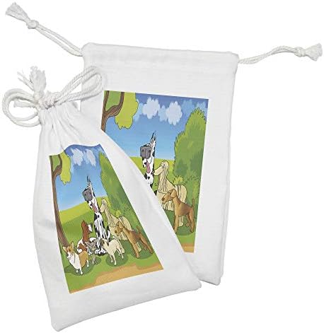 Тъканта чанта Ambesonne за любителите на кучета, Комплект от 2 теми, Мультяшная Илюстрация Забавни Чистокръвни животни в гората, в един Щастлив Слънчев ден, Малката Чант
