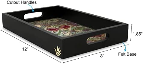 Сервировочный тава BRAHMA DESIGN | Декоративни Цветя модел с черна рамка | Правоъгълна Дървен поднос с размери 8 x 12 см, за сервиране | Поднос за да накити с разположени дръжки