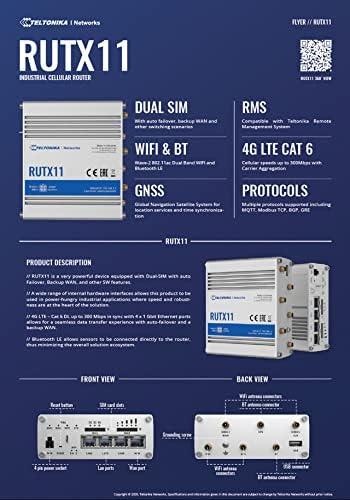 Рутер Teltonika RUTX11 с две SIM-карти, 4 порта Gigabit Ethernet, двухдиапазонным Wi-Fi ac адаптер, Bluetooth LE и USB LTE - RUTX11110400