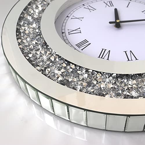 DMDFIRST Сребърни кръгли огледално часовници 20x20 сантиметра, кристални, с Пайети, с Блестящи Побрякушками, с диаманти, Огледални, Големи стенни Часовници за Украса на стени, сребърно стъкло огледало за Дома. Батерия
