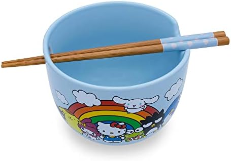 Комплект керамични съдове за готвене Toynk Sanrio Здравей Кити и приятели на Дъгата | Включва купа за юфка Ramen с тегло 20 грама и Дървени пръчици за хранене