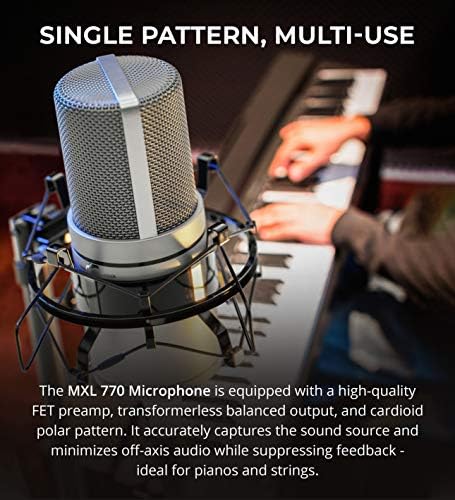 Кардиоидный кондензаторен микрофон blucoil MXL 770 за пиано, китара, Струнни инструменти и записва вокалите (Сребро), В комплект с щанга, поп-филтър и 10-футовым балансиран