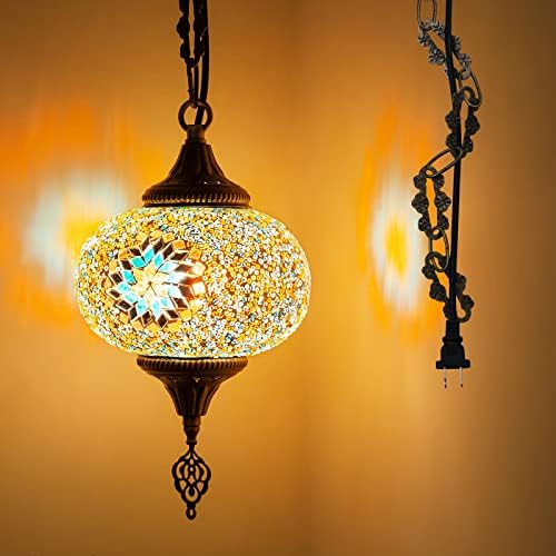 zhllmq Окачен лампа с Витражной Вложка от Турско-Марокански Творческа Мозайка Полилеи с Декоративни веригата от кабел с дължина 14,76 метра и северна америка с вилица (жълто - 7 см в диаметър)