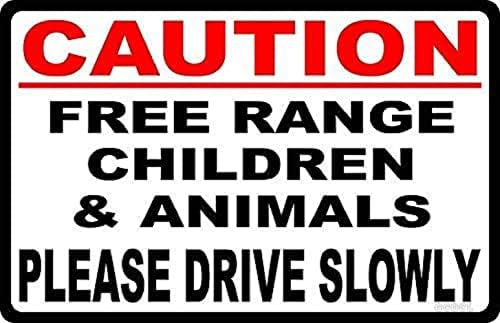 За външни предупредителни знаци Внимателно, Децата свободно отглеждане и животни, Бавно се движат, намалете скоростта съседи. Метални консервени знаци с размери 8 × 12 см за индустриална безопасност на движението по